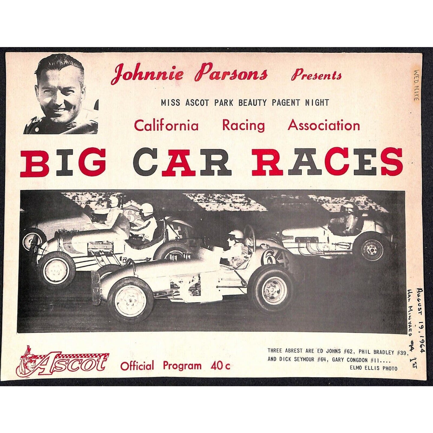 Scarce Aug 19 1964 Big Car Auto Racing CRA Program Miss Ascot Gardena, CA 10pp.