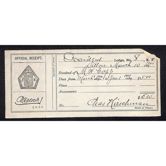 Knights of Pythias Montana 1900 Occident Lodge No. 8 Dues Receipt