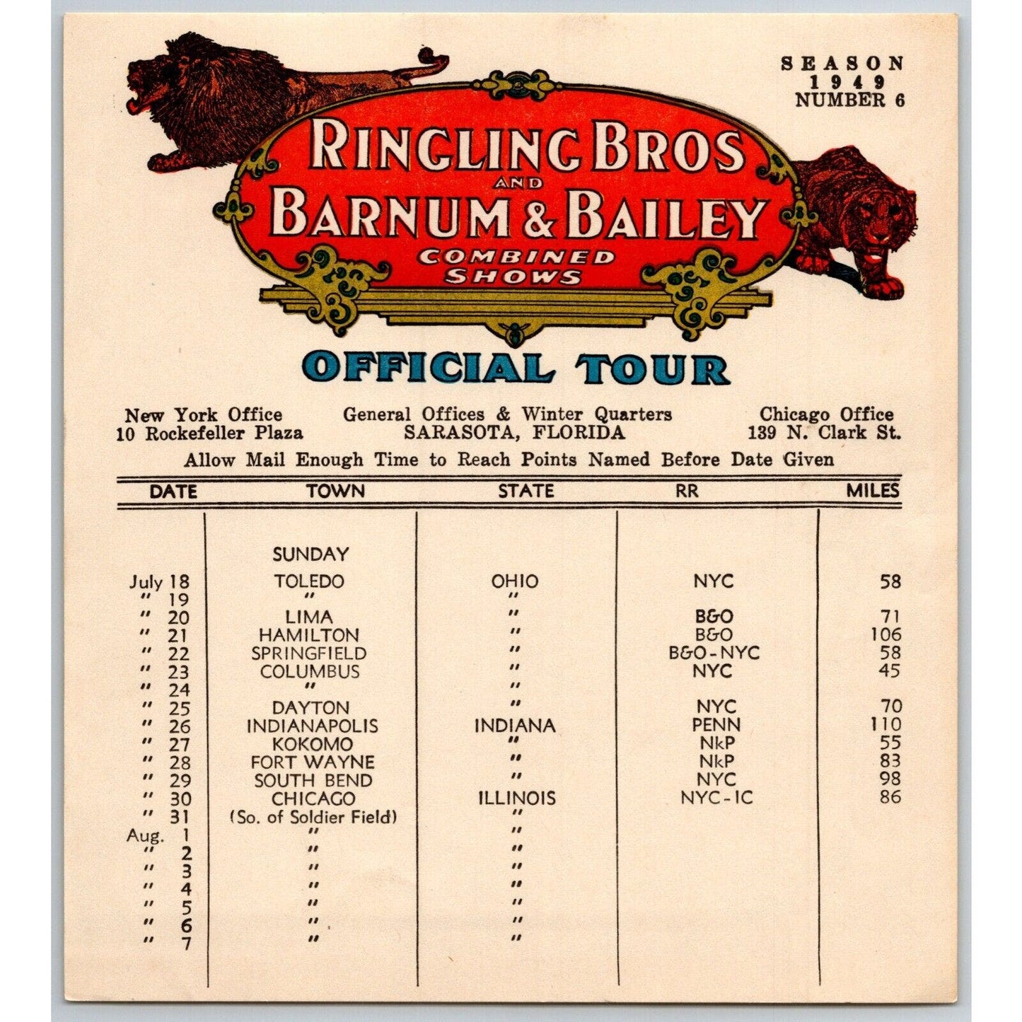 1949 Ringling Bros Barnum Bailey Circus Route Card Chicago Fort Wayne Dayton