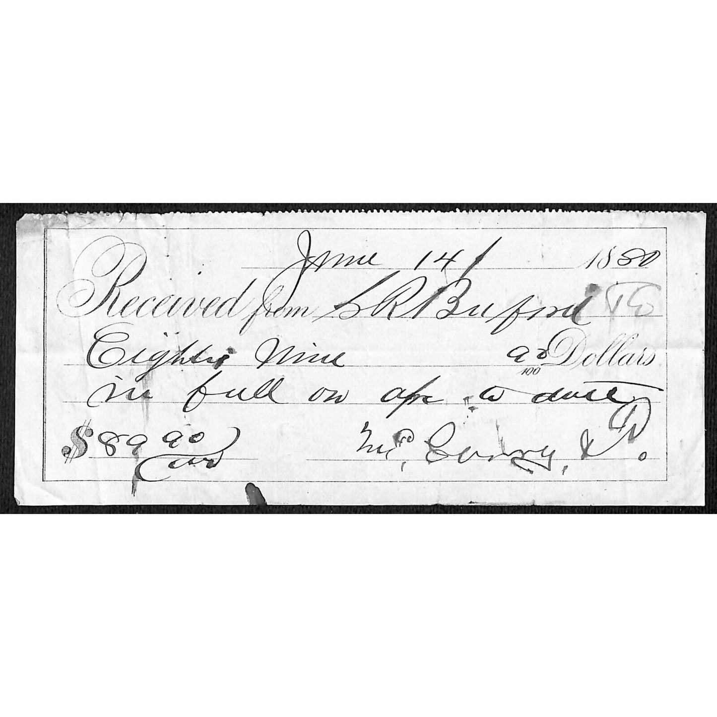 Helena / Virginia City Montana S.R. Buford (Mercantile) $89 Payment Receipt