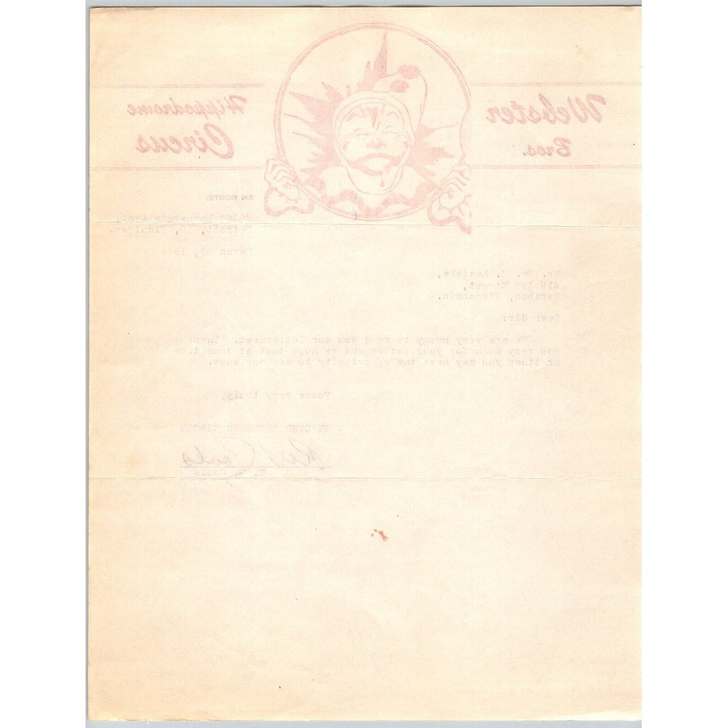 Webster Bros Hippodrome Circus Letterhead c1946 Clown Scarce