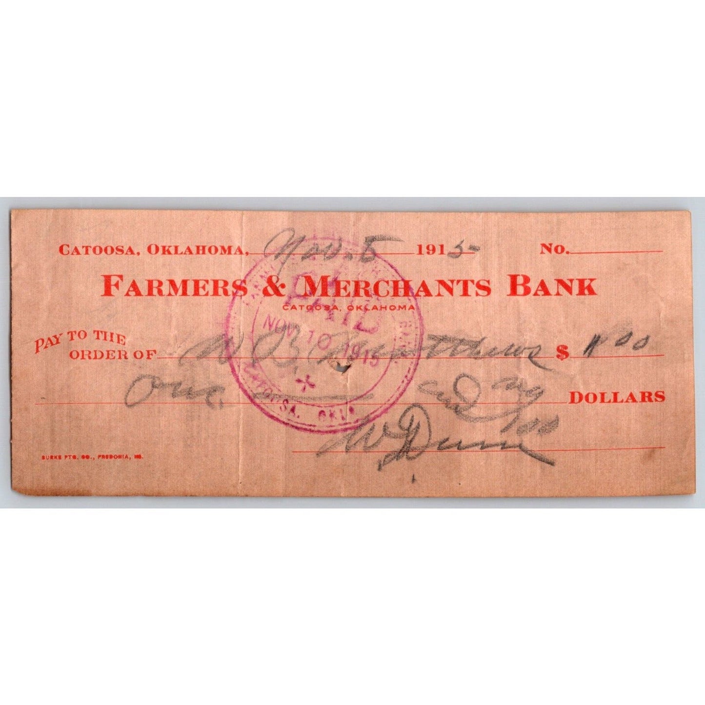 Catoosa, OK 1915 Farmers and Merchants $1 Bank Check - Scarce
