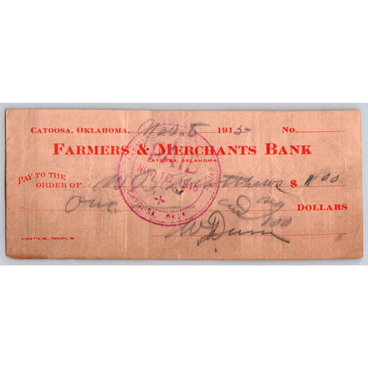 Catoosa, OK 1915 Farmers and Merchants $1 Bank Check - Scarce