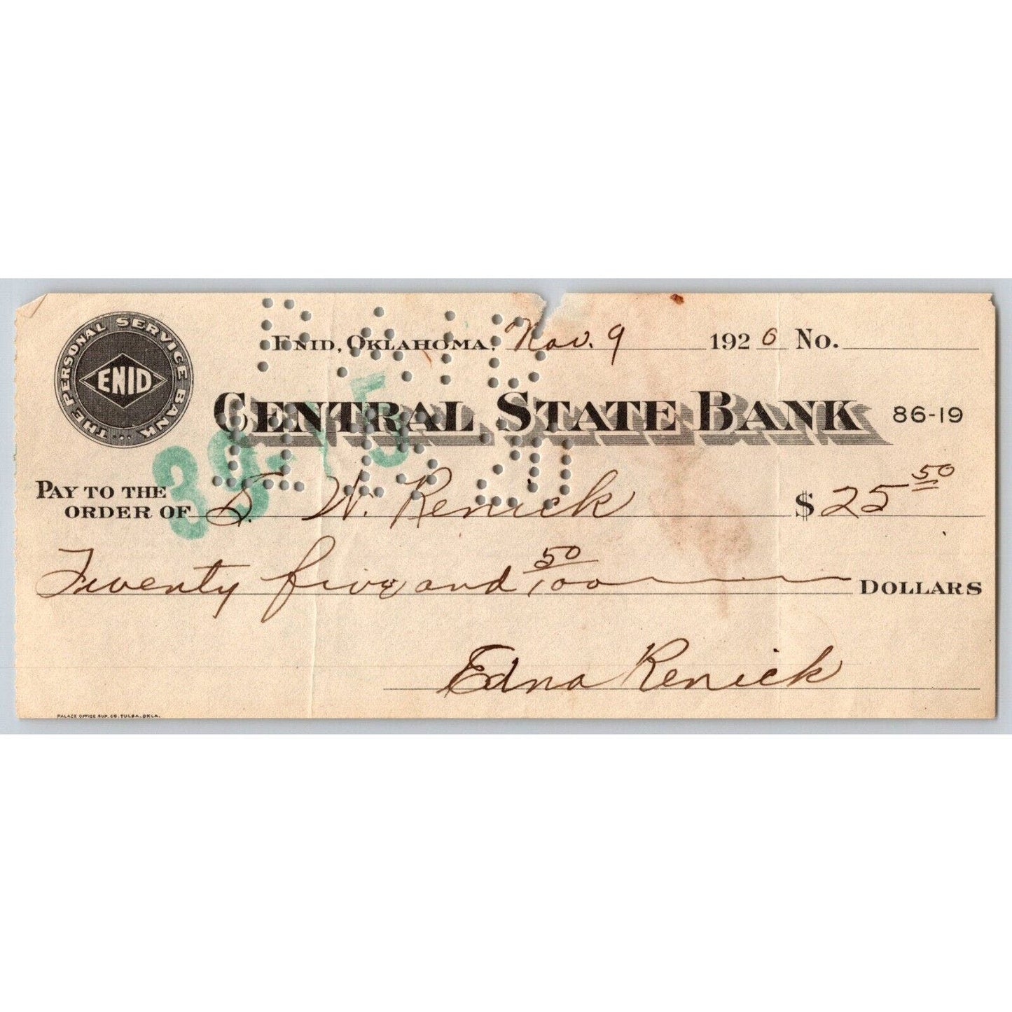 Enid Oklahoma 1920 Central State Bank Check