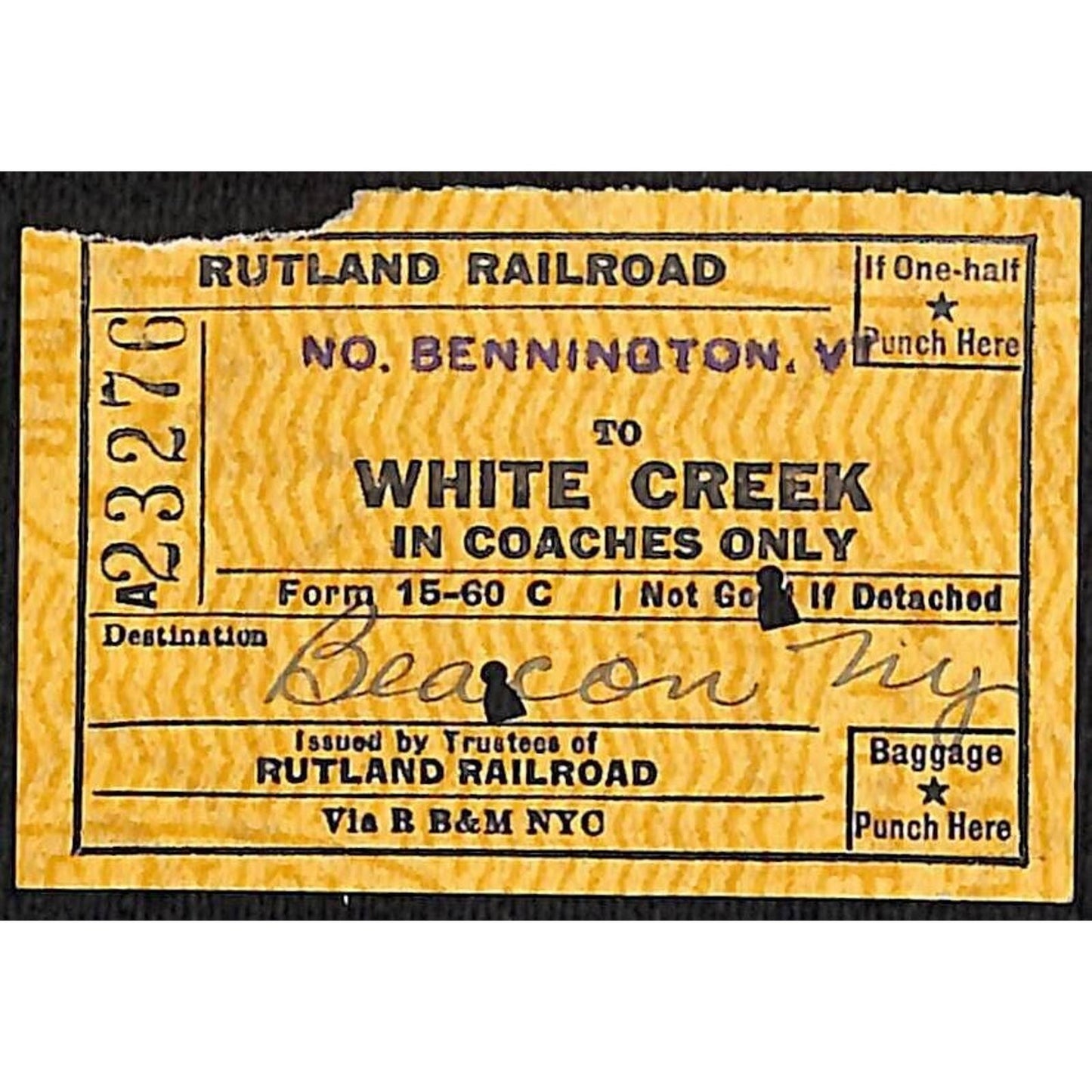 Rutland Railroad Ticket / Stub North Bennington Beacon, NY 1953 #23276