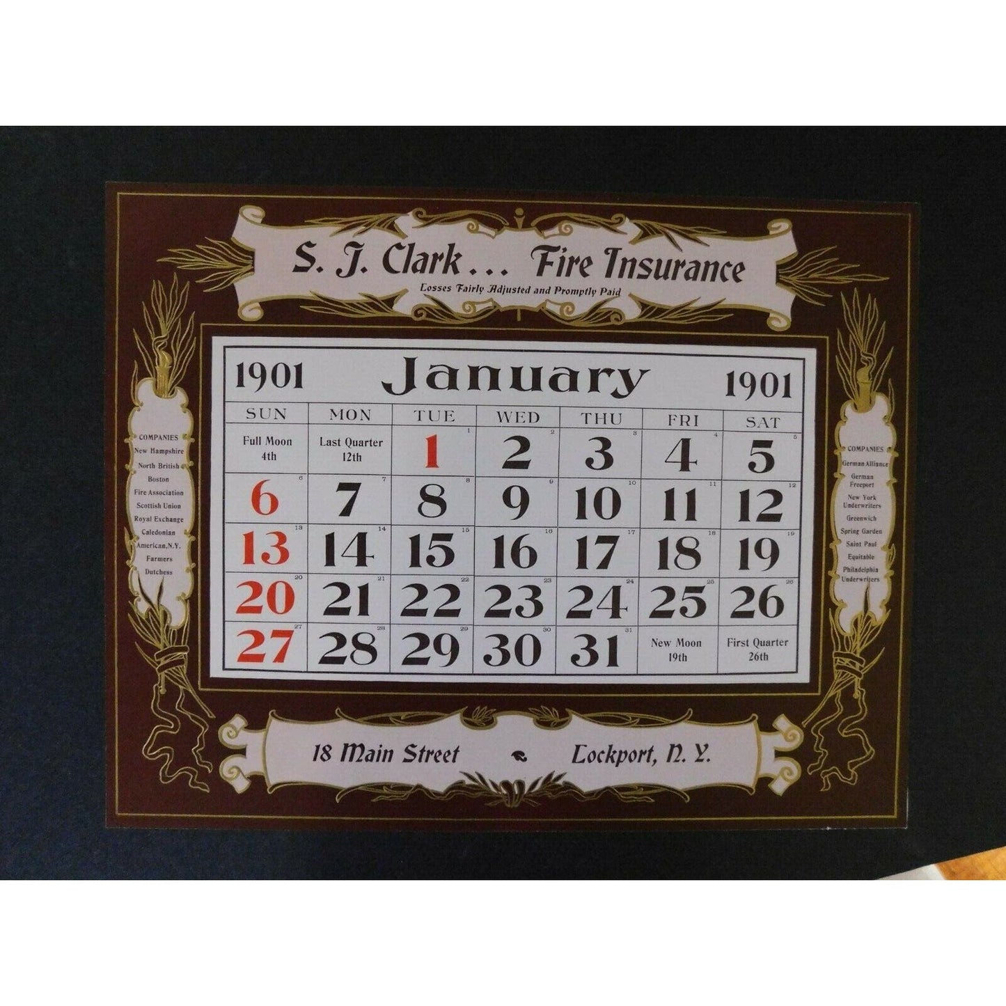 Scarce 1901 Salesman's Sample or Proof - Calendar S.J. Clark Fire Ins. Lockport