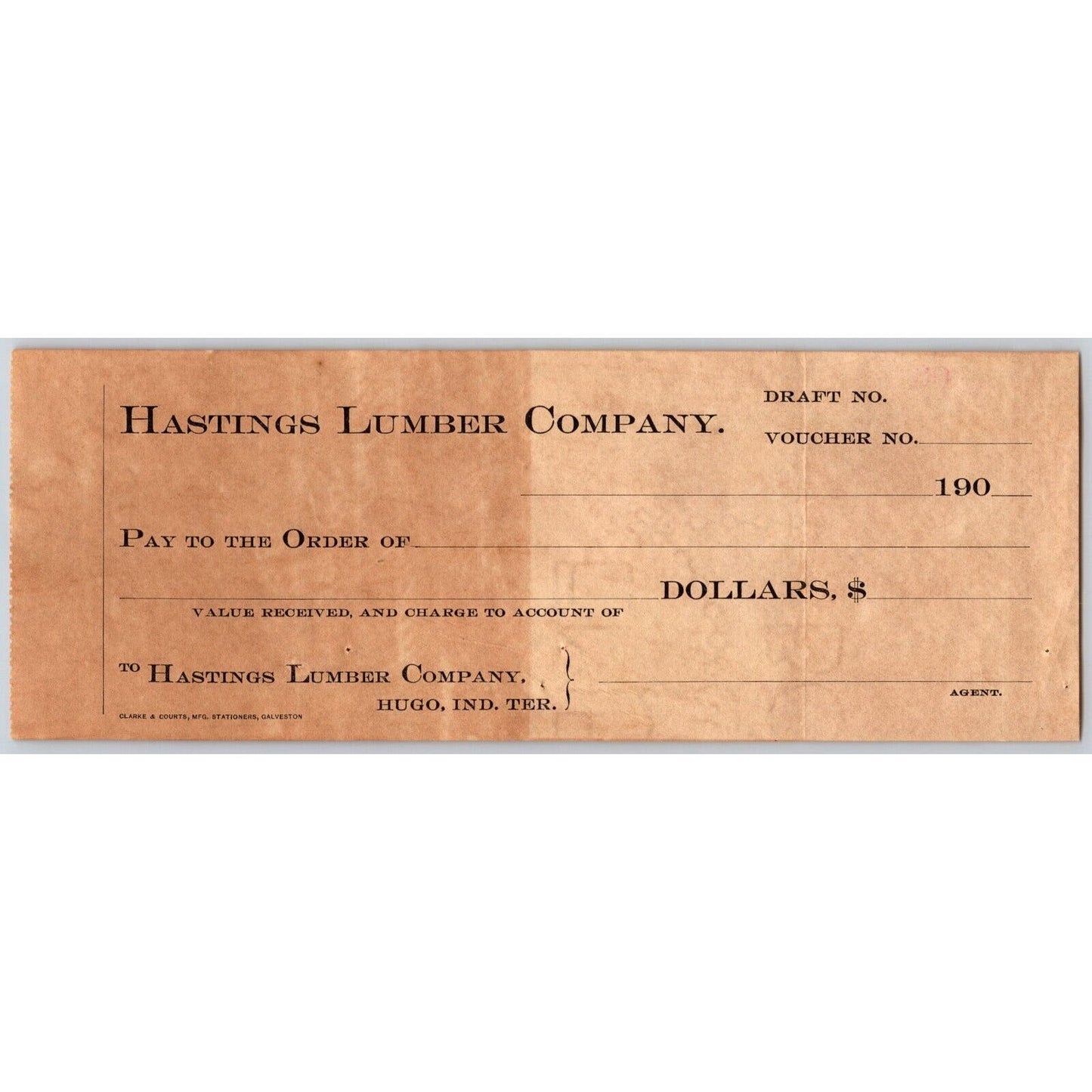 Hugo, OK Indian Territory c1900-1907 Hastings Lumber Co. Bank Check - Toning