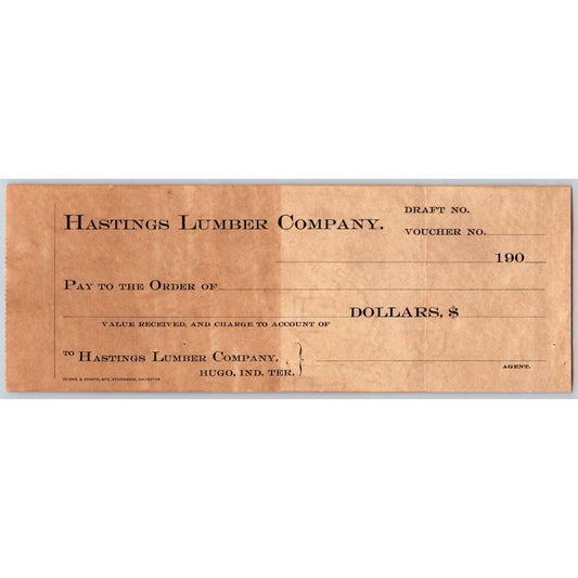 Hugo, OK Indian Territory c1900-1907 Hastings Lumber Co. Bank Check - Toning