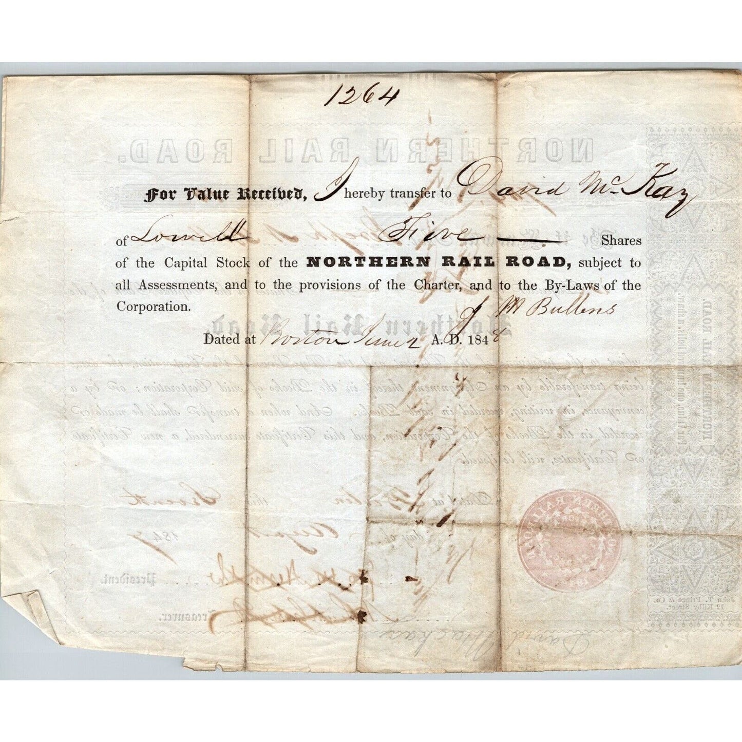 1847 Boston, MA Northern Railroad Stock Certificate No. 704 for 10 Shares