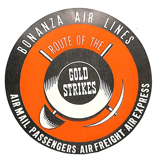 Bonanza Air lines (1945-68) Air Mail Luggage Label - Gold Strikes Mining Theme