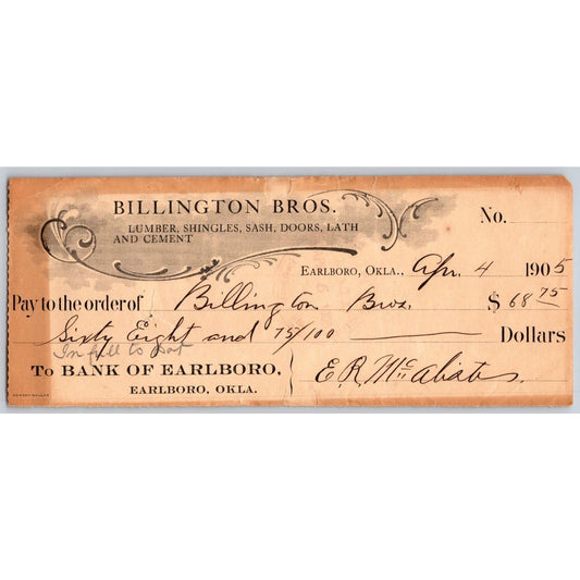 Earlboro, OK Indian Territory 1905 Billington Bros. Lumber Bank Check - Scarce