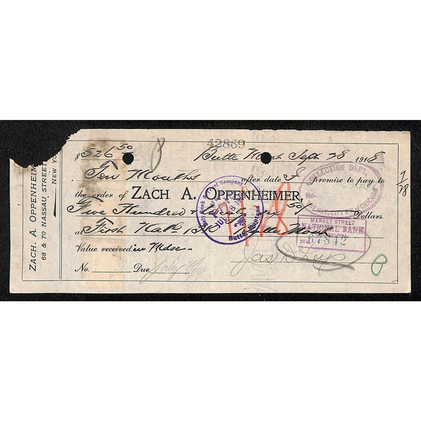 Zach A Oppenheimer / Leys Jewelry Butte, MT 1919 $526.50 Promissory - Tax Stamps