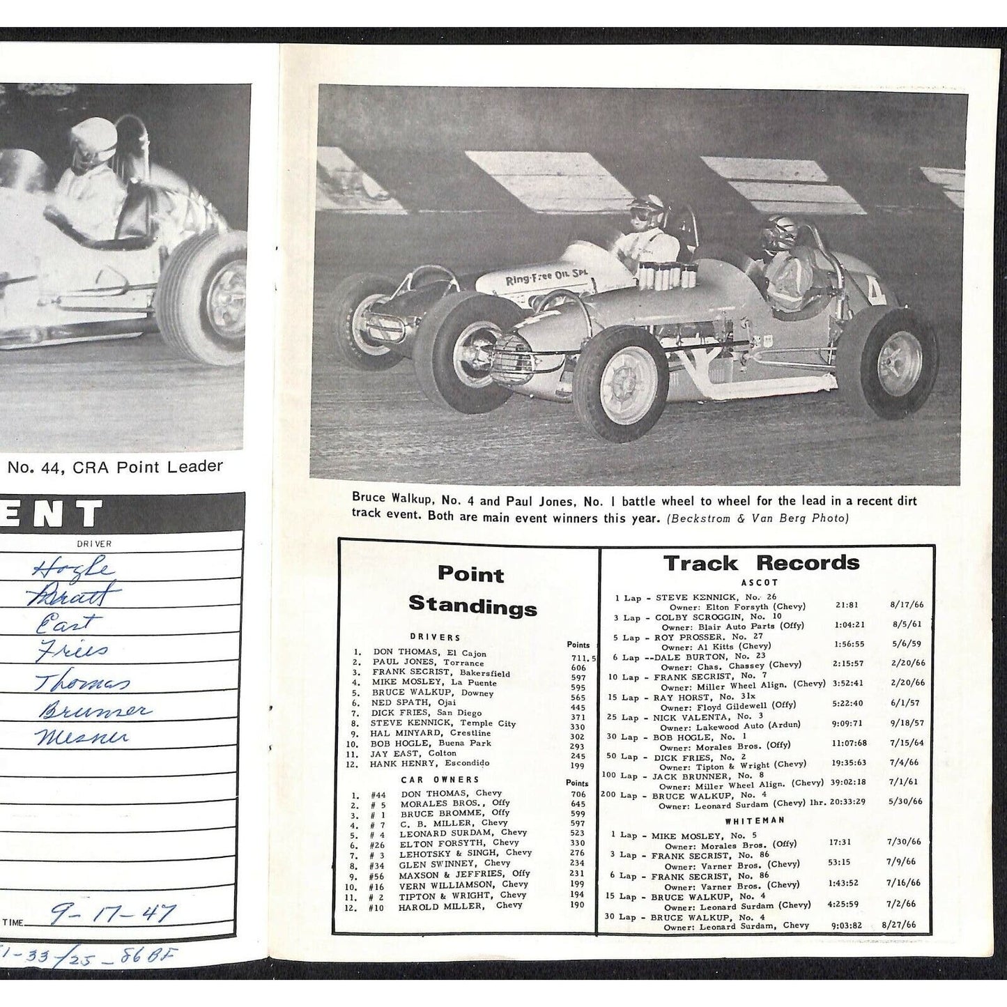 Scarce 9/3 1966 Sprint Car Auto Racing CRA Program Whiteman Speedway 16pp.