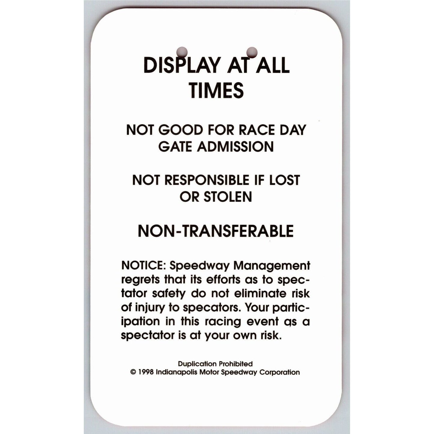 1998 Indy 500 V.I.P Pre-Race Turn 1 Garage Pit Pass VGC VIP Indianapolis #5122