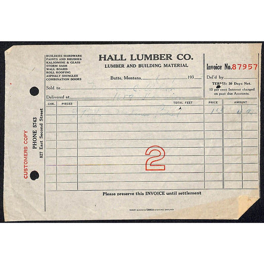 Hall Lumber Co. Butte Montana c1933 Billhead Letterhead - Wilson Drug