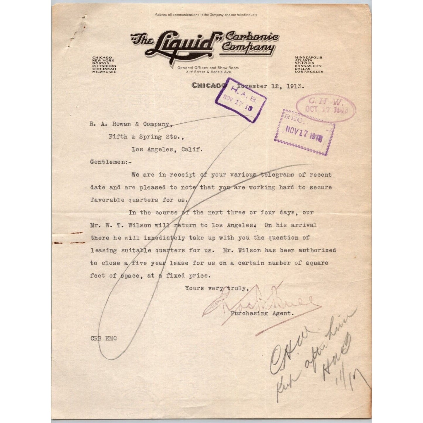 Liquid Carbonic Co. Chicago 1912 Letterhead - R.A. Rowan re: Visit LA to Lease