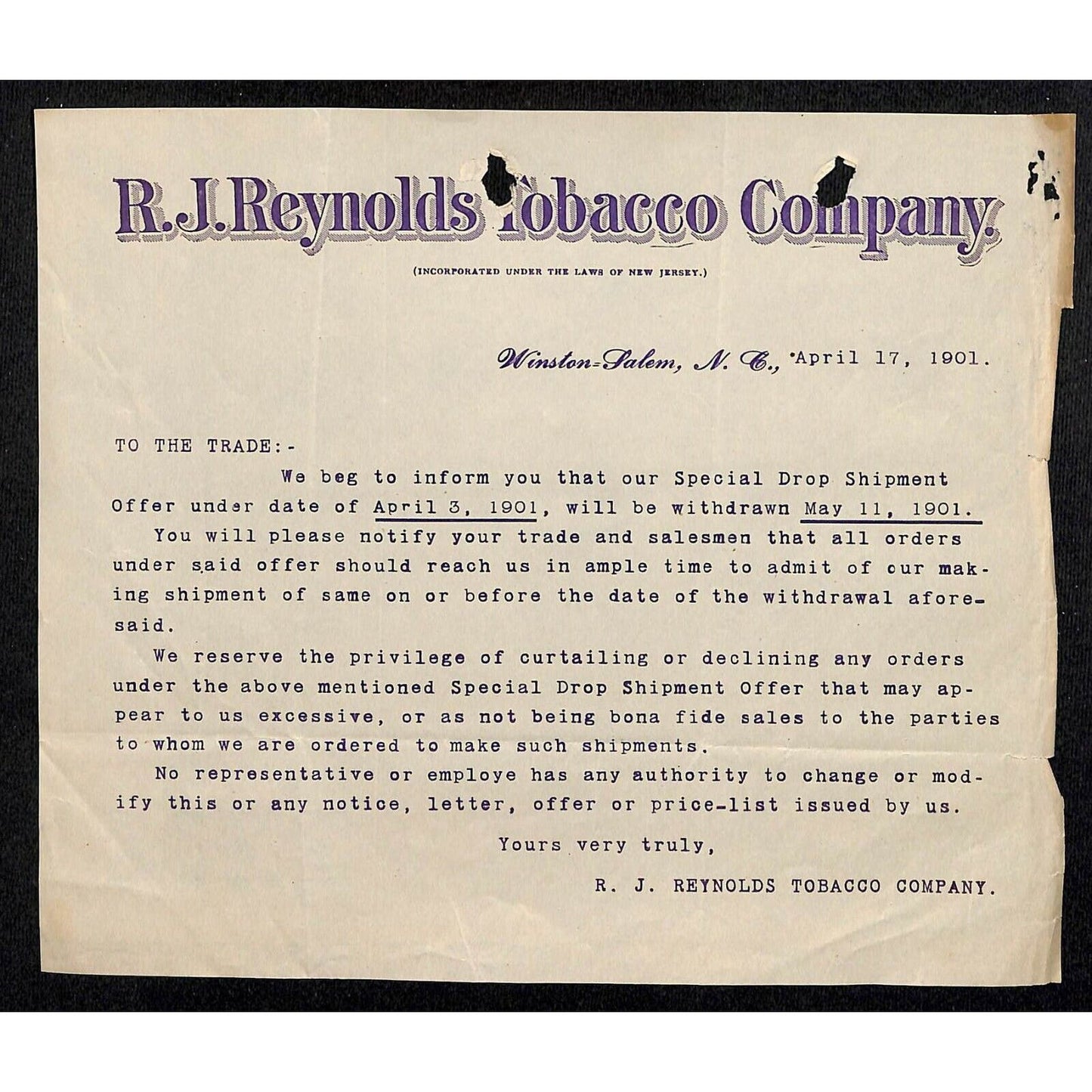 1901 Scarce Letterhead R.J. Reynolds Tobacco Co. Winston-Salem, NC - E. Baker*