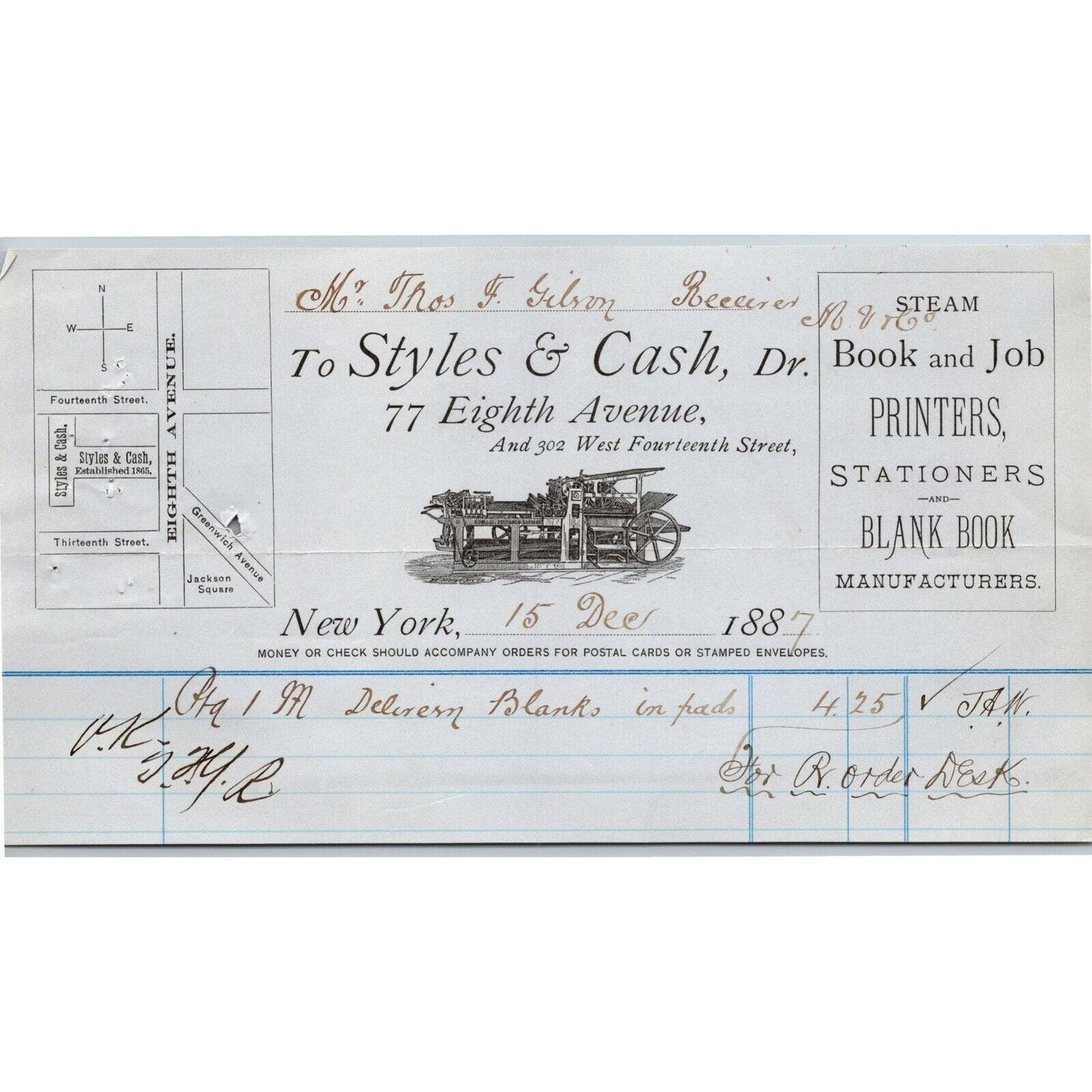 1887 Styles & Cash Book and Job Printers Billhead Letterhead 77 8th Ave NYC