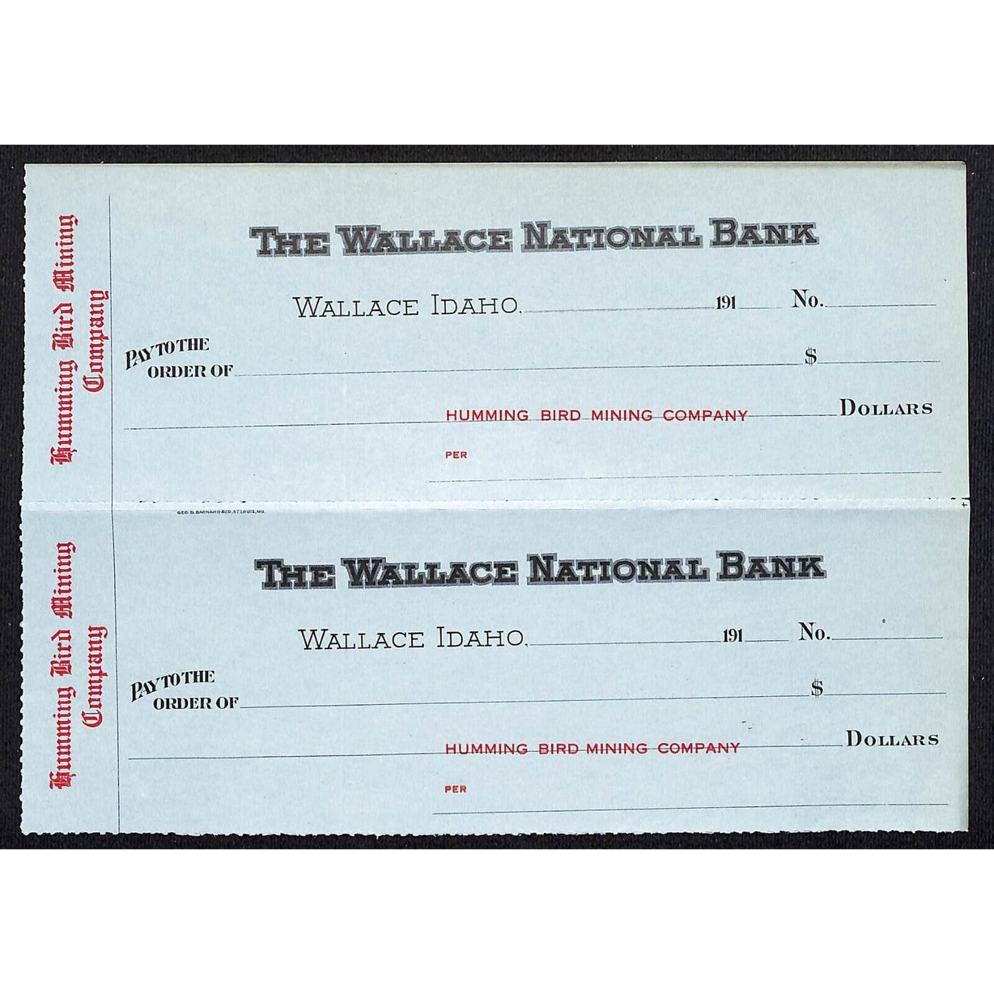 Wallace, Idaho / Humming Bird Mining Co. 1910's 2 Unused National Bank Checks