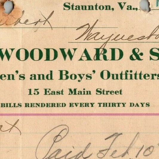 1913 Scarce Woodward & Son Men's Boy's Outfits Staunton, VA Letterhead Billhead