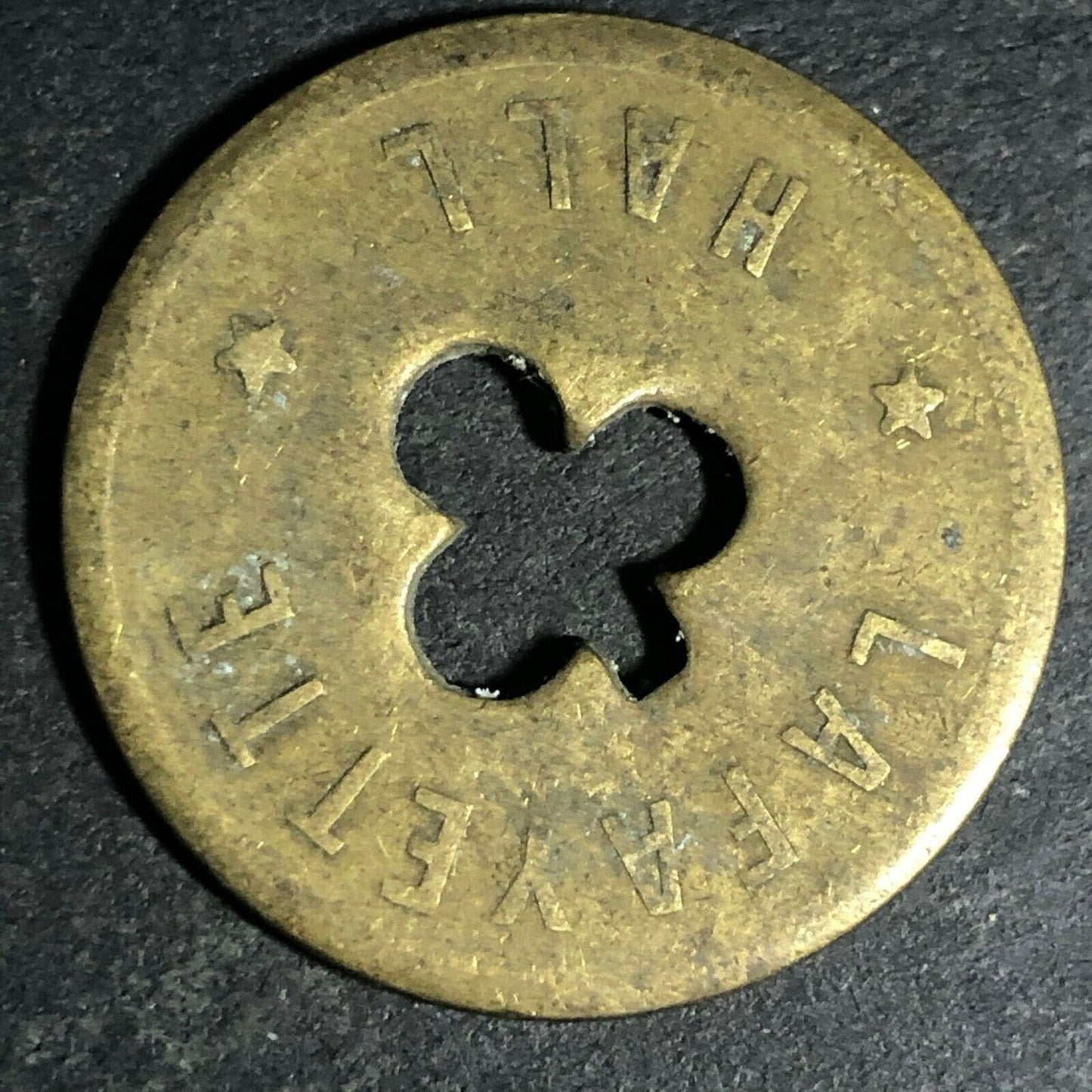 24.5mm Brass Lafayette Hall (Saloon Sacramento, CA) Token Clover Shamrock (#55)
