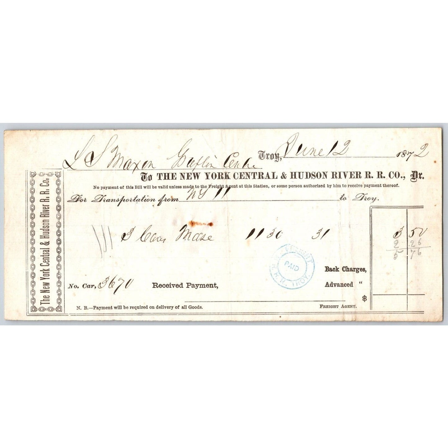 New York Central and Hudson River Railroad 1872 Freight Receipt to Troy Scarce