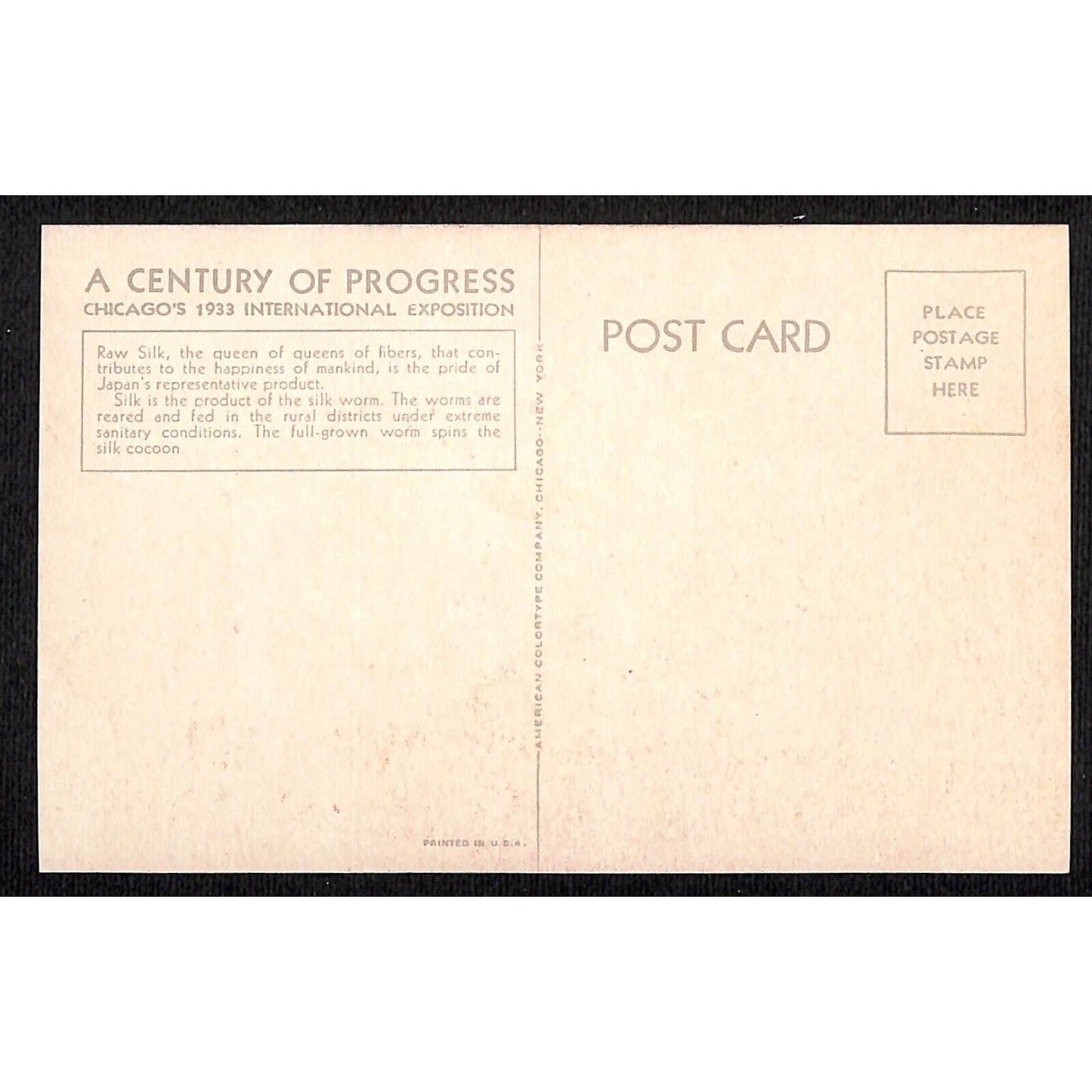 Japanese Pavilion Postcard "Feeding Silk Worms" 1933 Chicago World's Fair