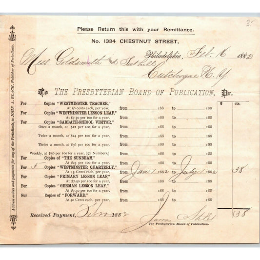 John S. Menagh 1882 Letterhead Philadelphia Presbyterian Publication Order Form