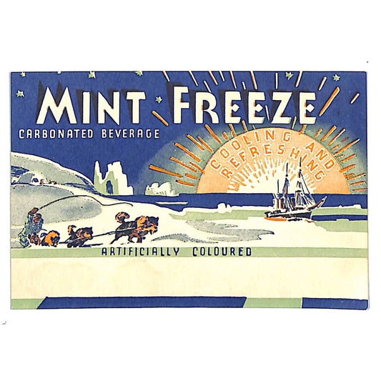 Mint Freeze Soda Paper Label Sun Dog Sled Igloo Ship Australia c1960's Scarce
