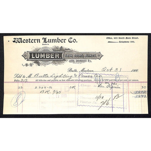 Butte, MT Western Lumber Co. Sash Doors Blinds Lath Shingles 1900 Billhead