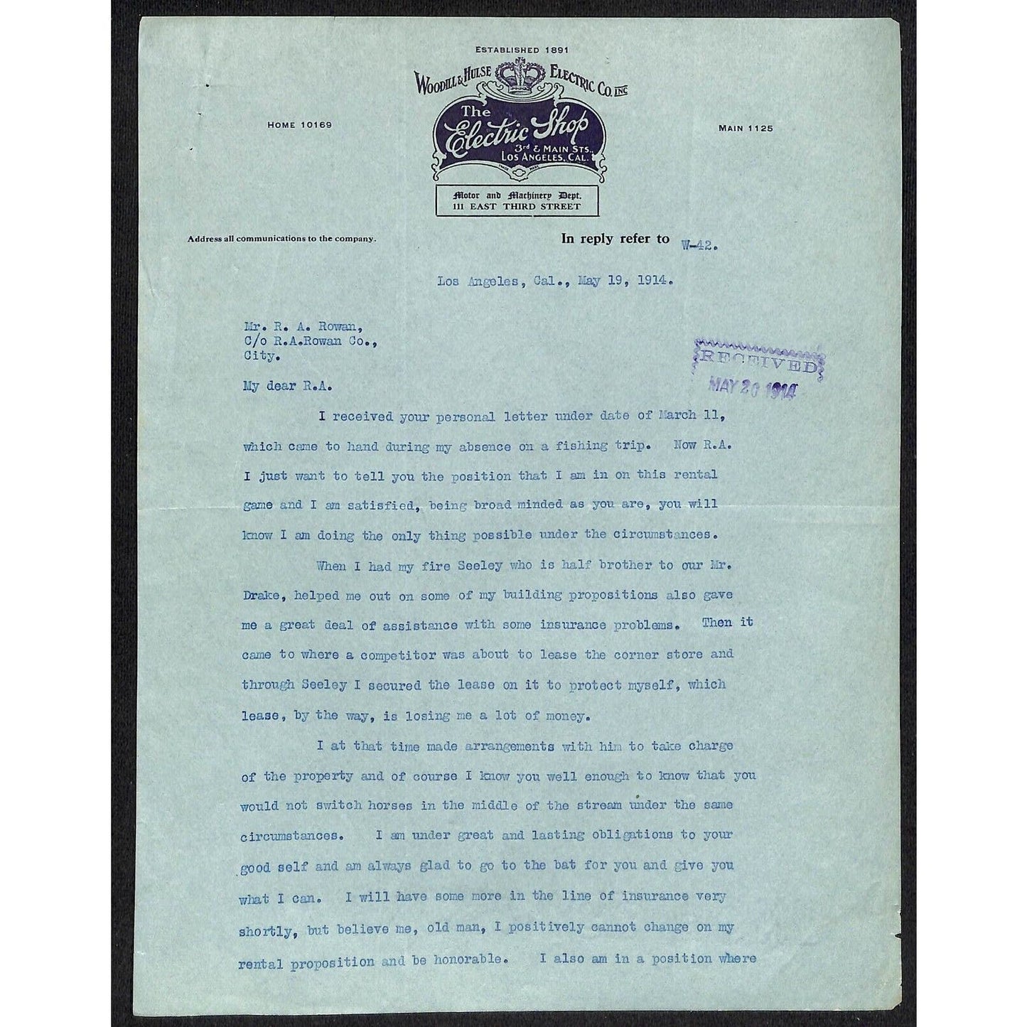 Woodhill & Hulse "The Electric Shop" 1914 Letterhead re: "Lease is losing me.."