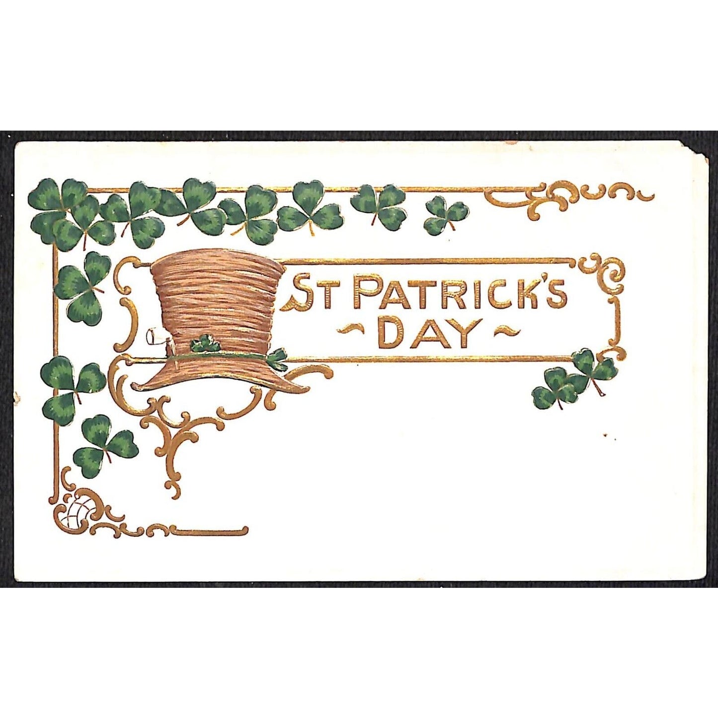 St. Patrick's Day Postcard Hat Clovers Embossed Gilt NP c1910