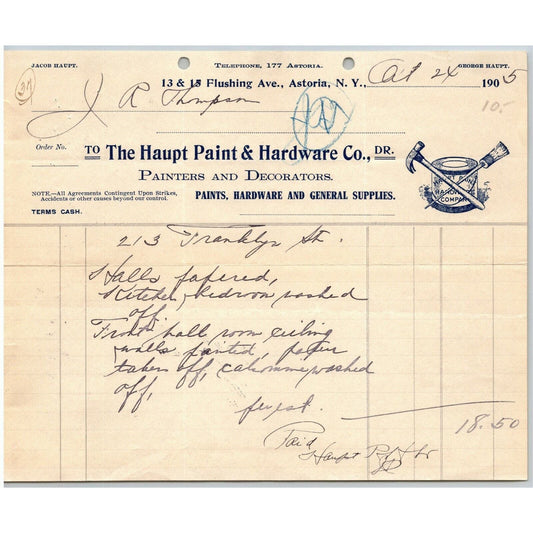 1905 Astoria, LI, NY Letterhead Haupt Paint & Hardware Co. Painters Decorators