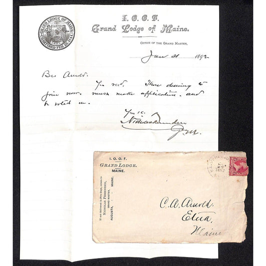 IOOF Grand Lodge of Maine 1892 Nicholas Fessenden Signed Note Letterhead + Cover