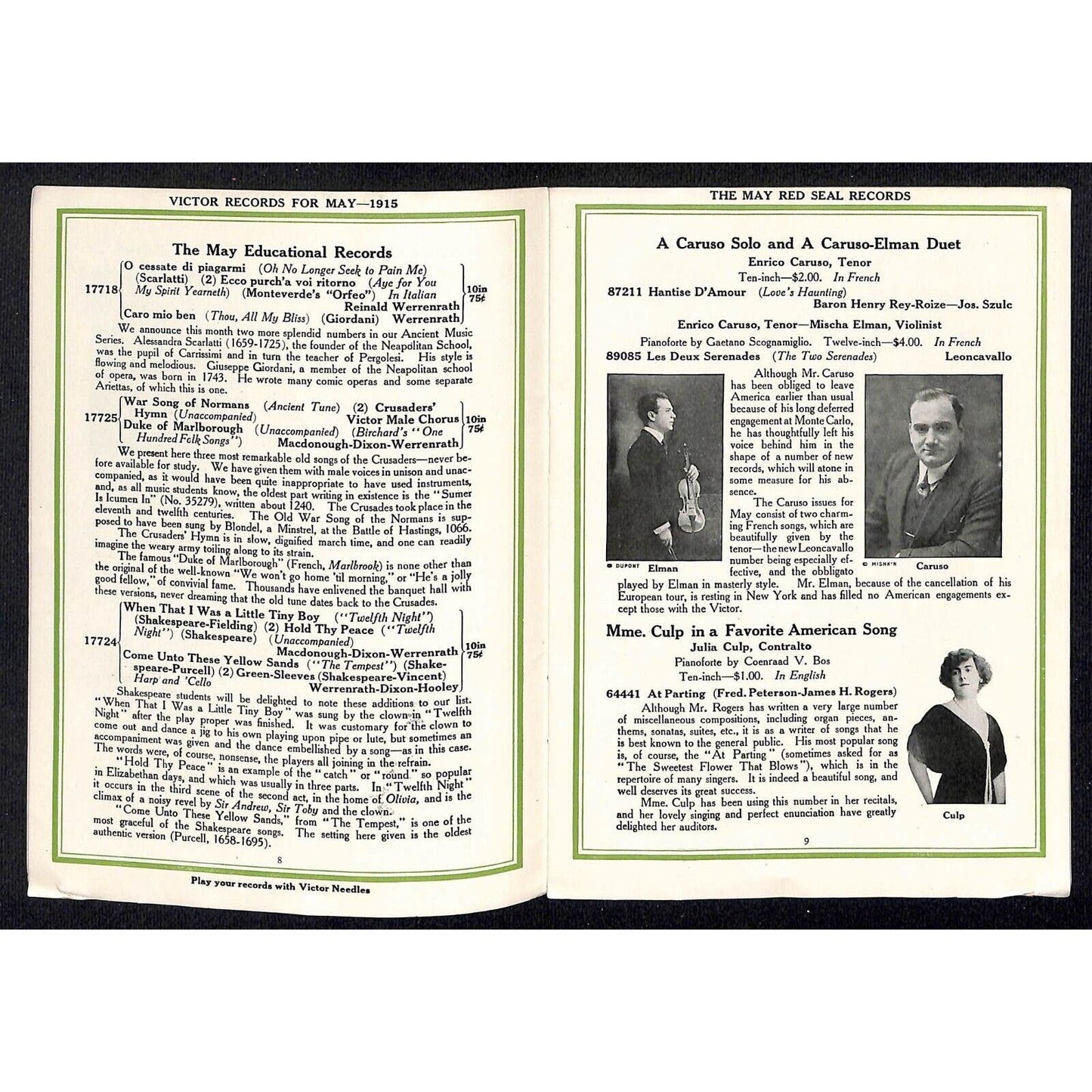 New Victor Records Catalog Supplement May 1915 Lyon & Healy Chicago 23pp. Scarce