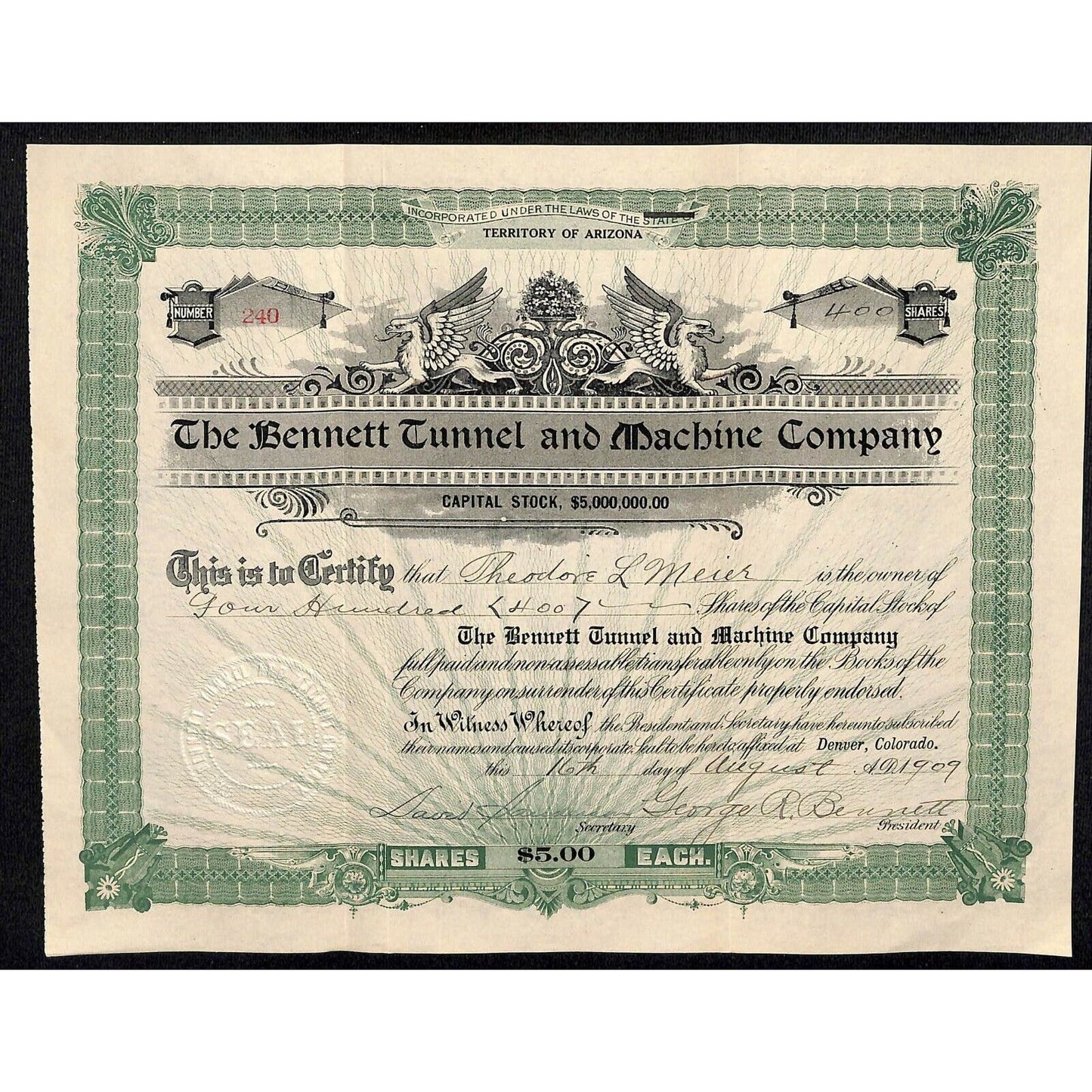 Vintage Stock Certificate 1909 Bennett Tunnel and Machine Co. Denver, CO #240