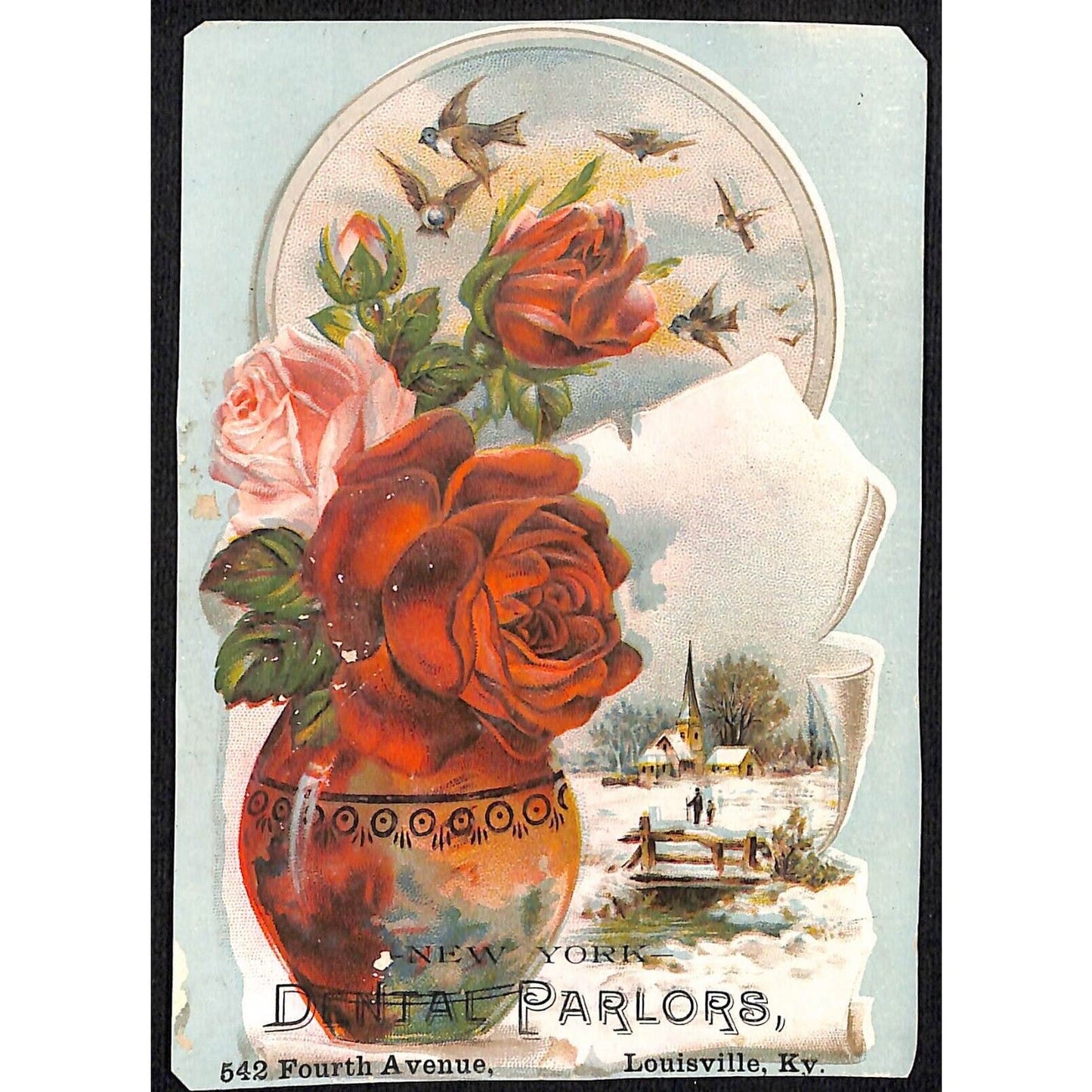 New York Dental Parlors Louisville KY Victorian Trade Card Winter Church Scene