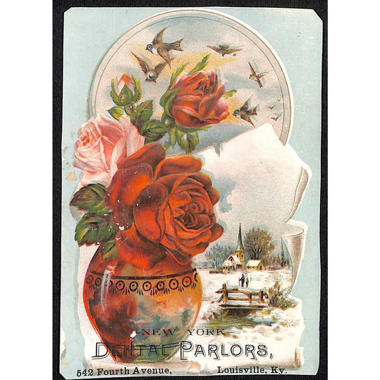New York Dental Parlors Louisville KY Victorian Trade Card Winter Church Scene