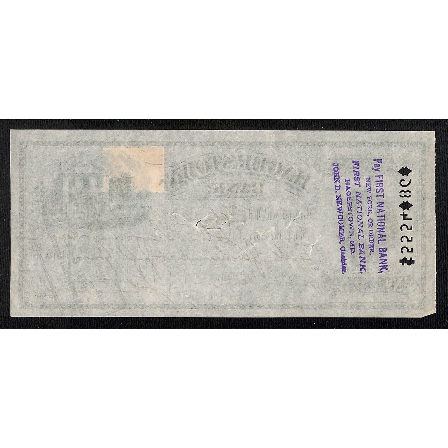 Hagerstown Bank Check 1899 w/ Rev. Stamps Nathaniel Rochester Portrait Vignette