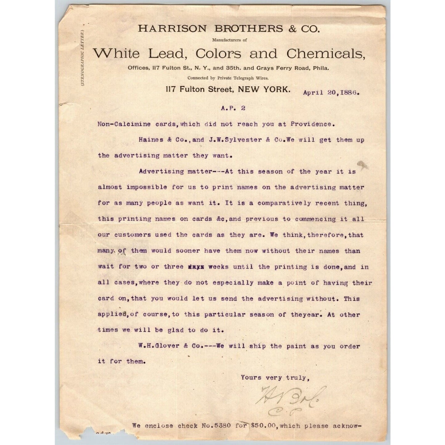 1886 Harrison Brothers & Co. White Lead Billhead Letterhead Fulton St NYC