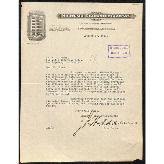 Mortgage Guarantee Company Los Angeles 1916 Letterhead R.A. Rowan re" No Loan
