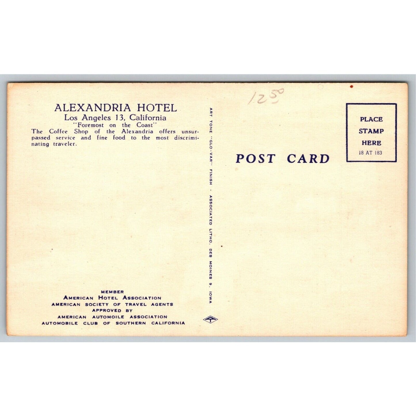 Los Angeles Alexandria Hotel Coffee Shop Linen Postcard c1930's-40's VGC