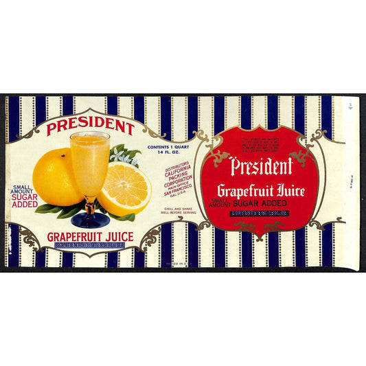 1949 Paper Label President Grapefruit Juice California Packing - Scarce