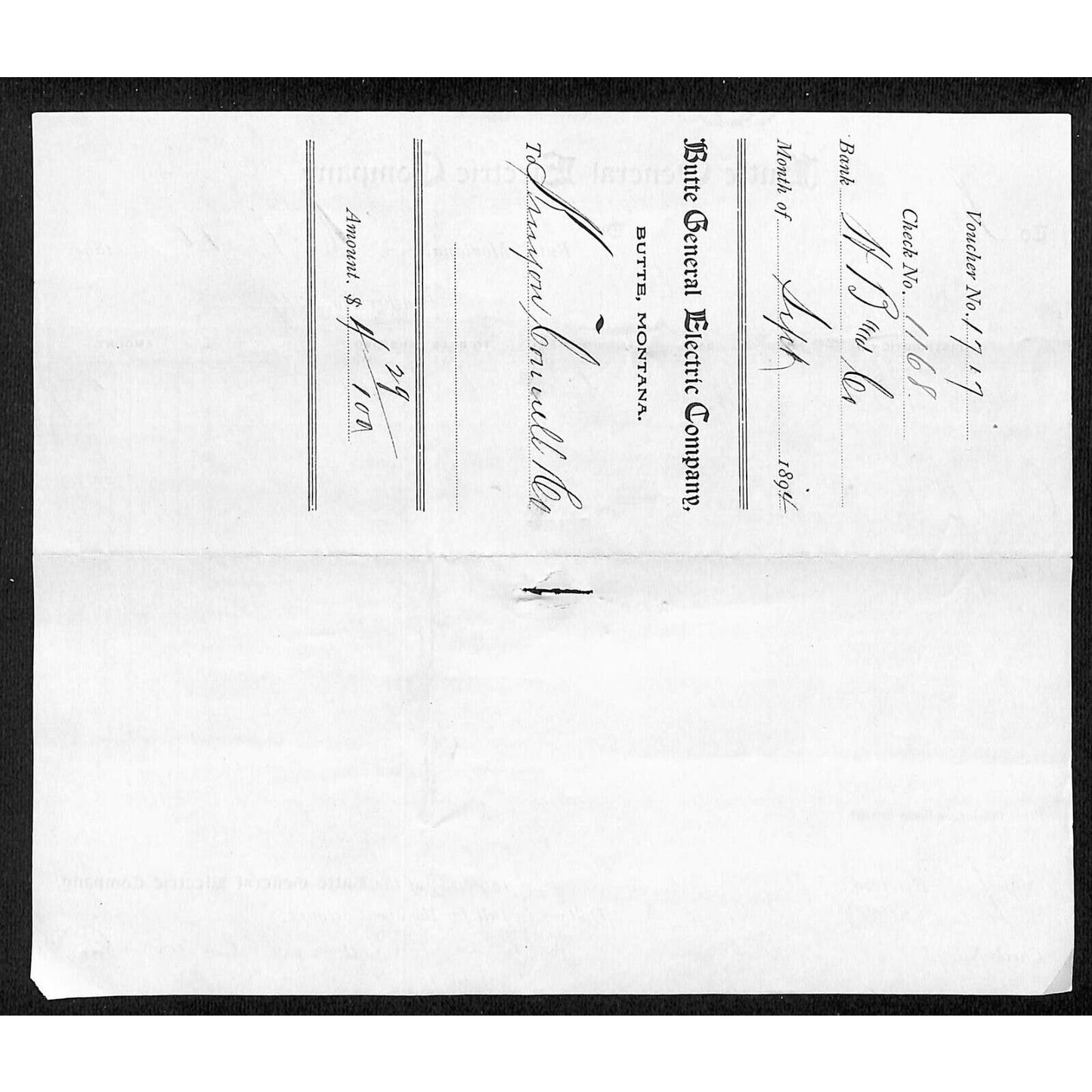Butte, MT General Electric Power Company 1894 Billhead