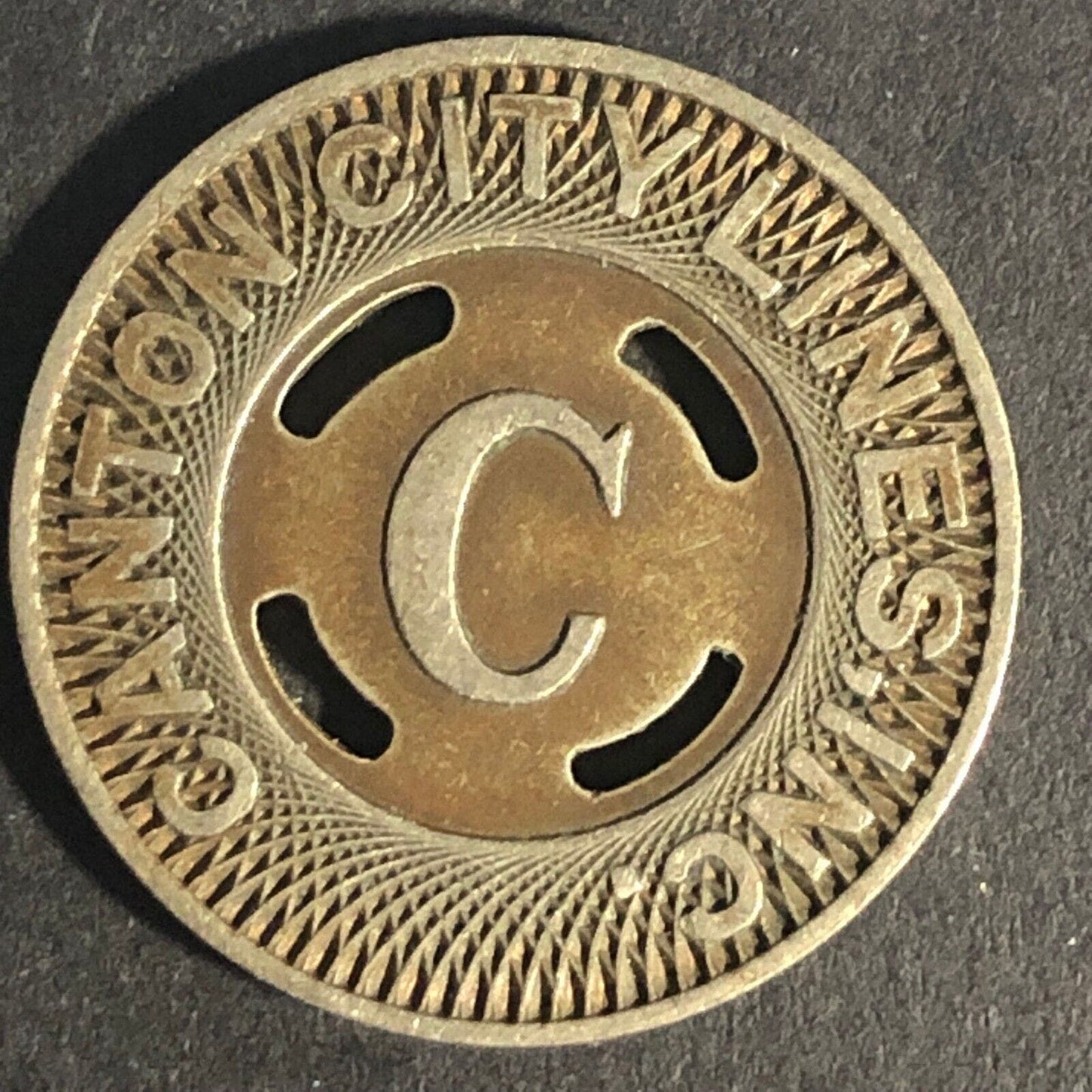 Canton City Lines Inc. "C" G/F One Fare Brass Transit Token 22.80mm