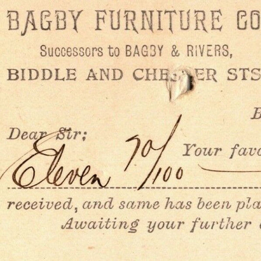 1898 Adv. Payment Conf. Postcard Bagby Furniture Baltimore E. Baker*