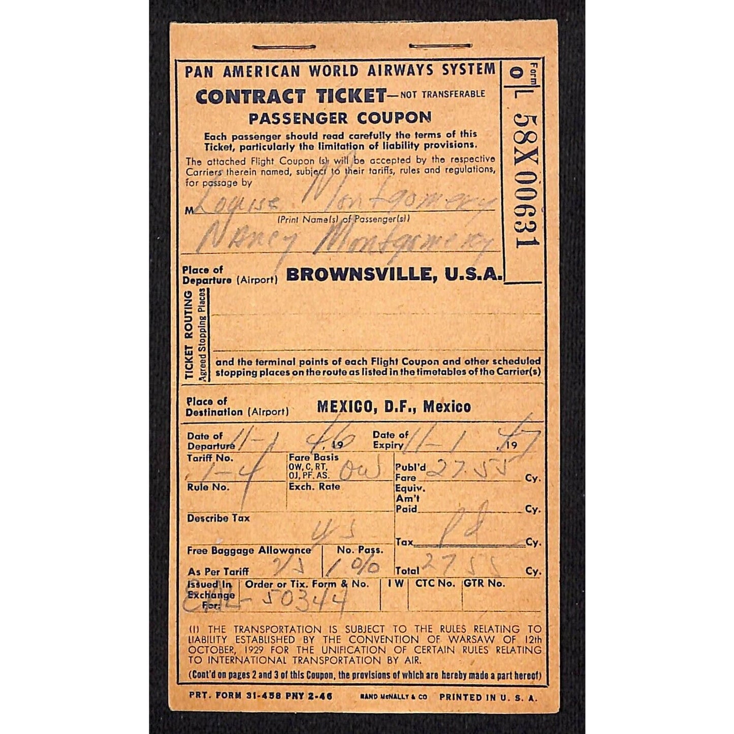 1946 Pan American World Airways System Ticket Brownsville Airport to Mexico #631