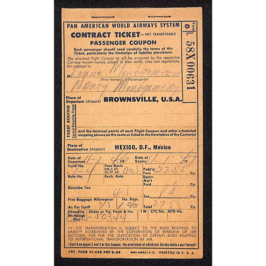1946 Pan American World Airways System Ticket Brownsville Airport to Mexico #631