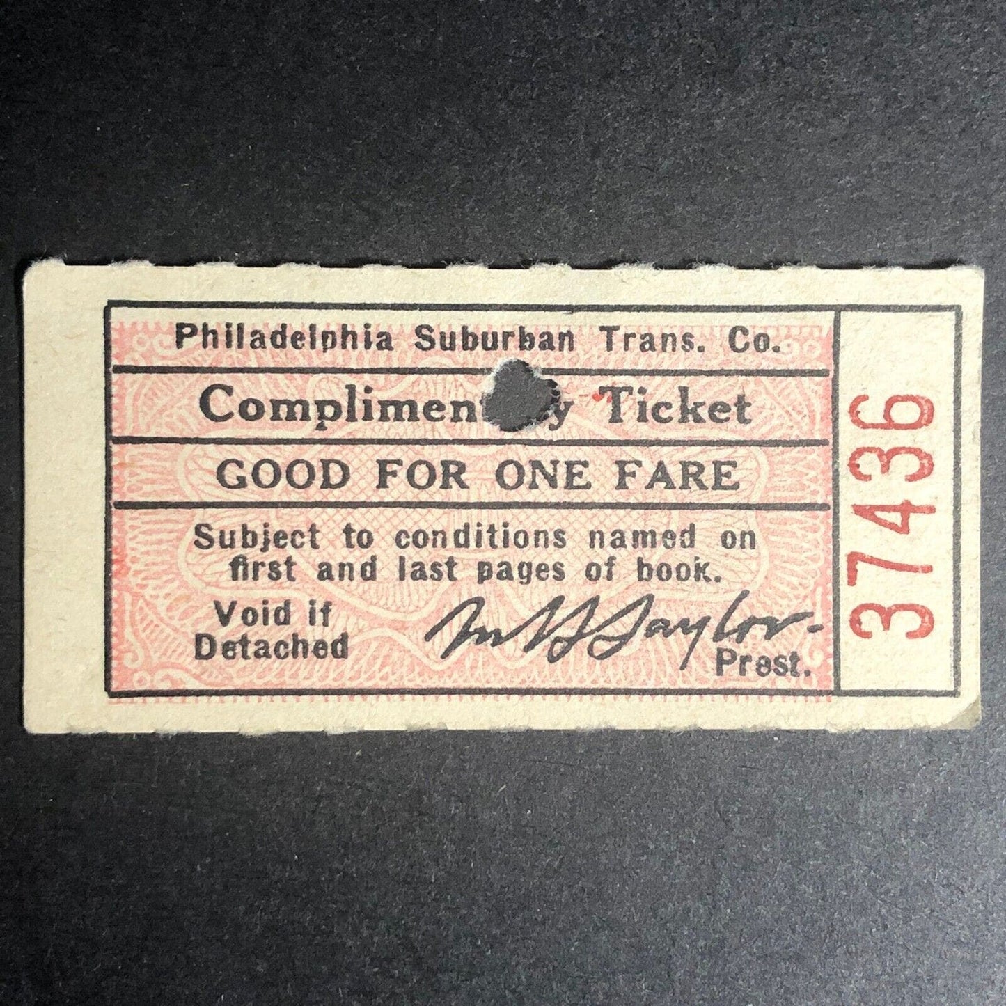 Philadelphia Suburban Transportation Co. Complementary Ticket / Stub Scarce