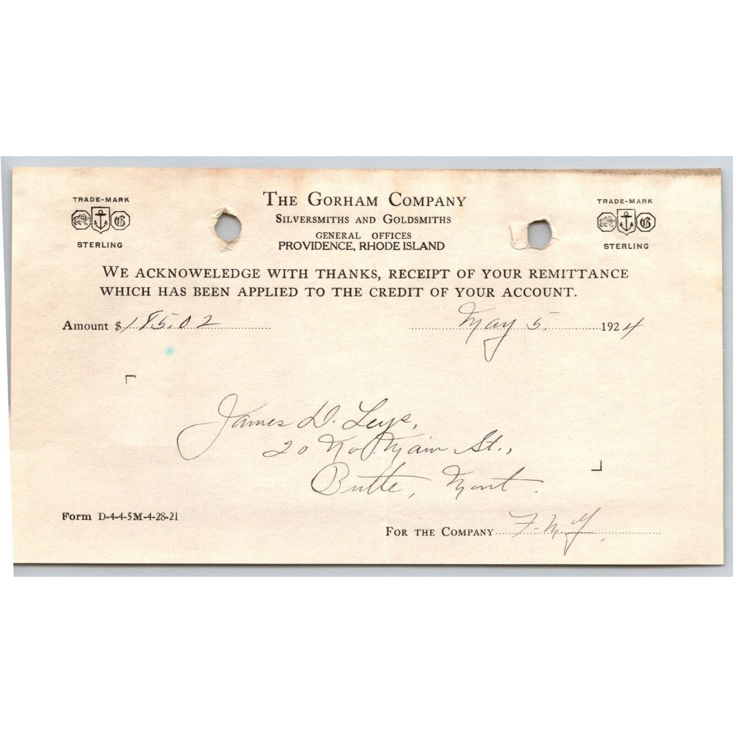 Gorham Company Silversmiths Goldsmiths - 1924 "Leys" Billhead Receipt